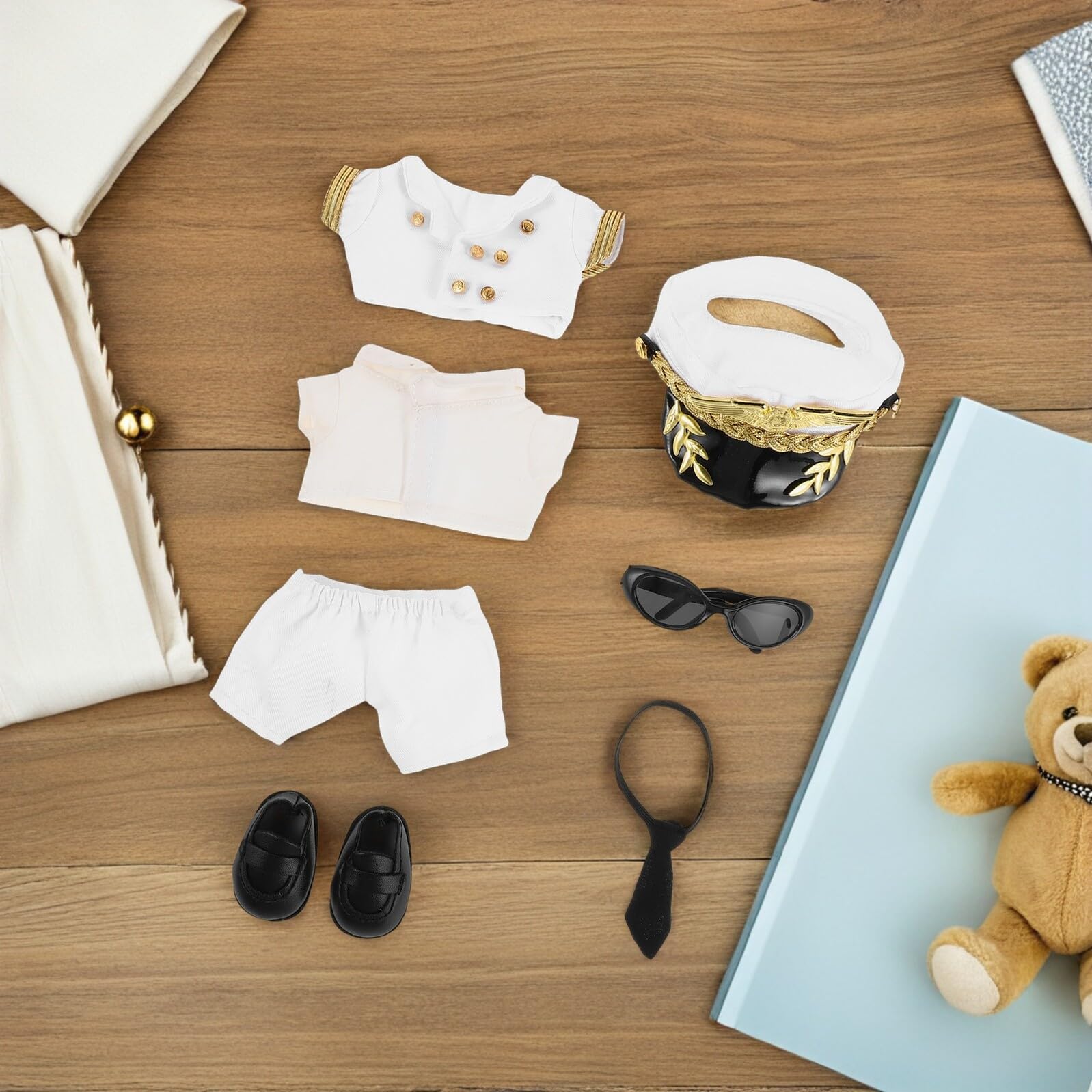 Gatuida Juego de Ropa de Piloto para Muñecas Pequeños Traje de Capitán Accesorios Decorativos y Negro Ropa Reutilizable de Peluche para Disfraz y Juego de Roles