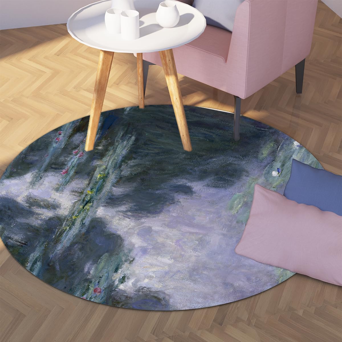 180cm Tappeti circolari Tappeto lavabile floreale Tappeto antiscivolo per interni Fiore di ninfea Grande Rotondo a pelo corto Morbido per soggiorno Sala da pranzo Pittura per laghetto