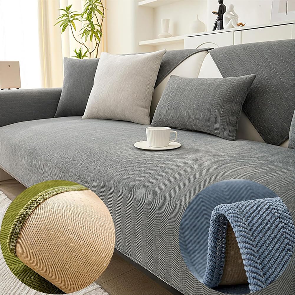 Housse canapé chenille haut de gamme motif chevrons café pour mobilier sectionnel