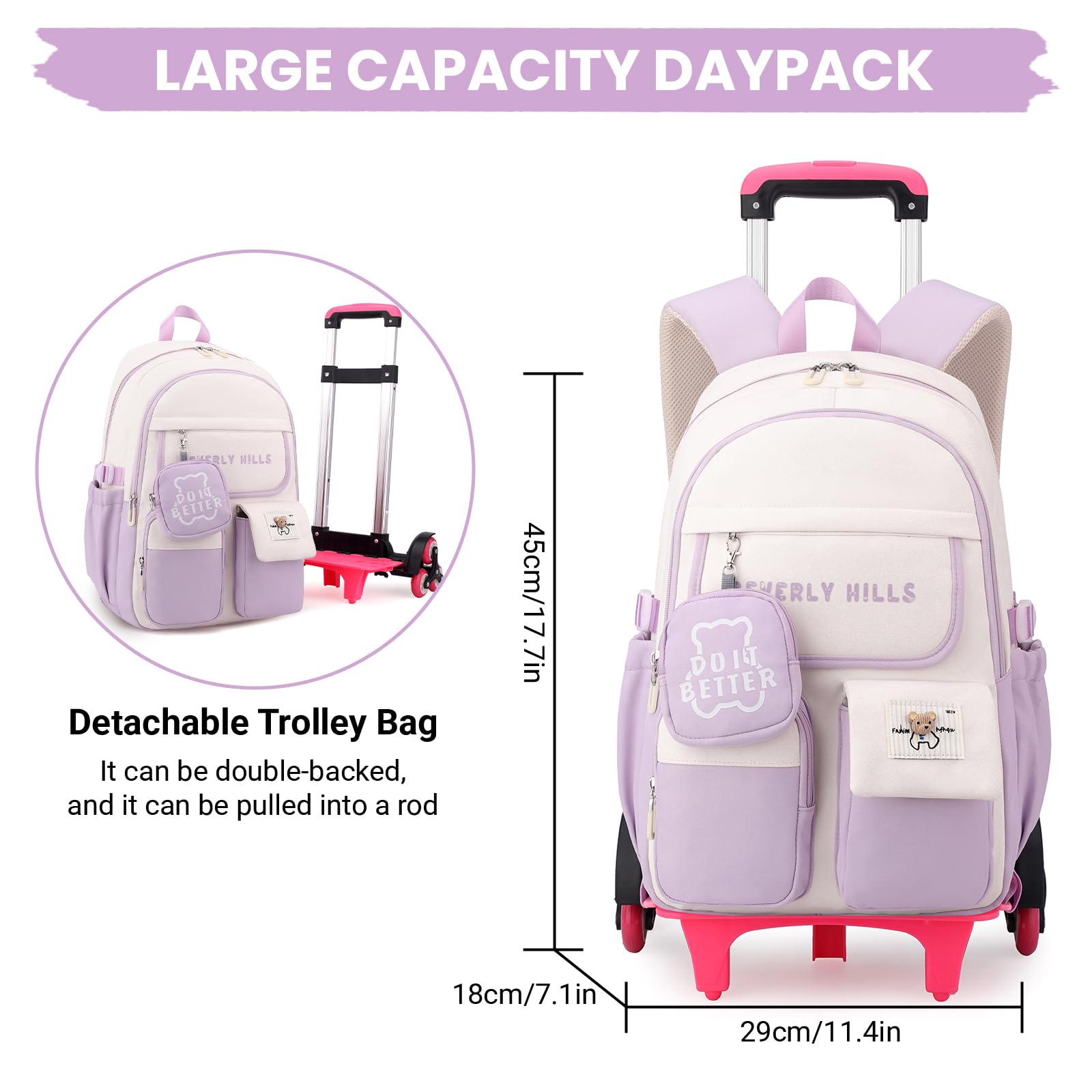 IvyH Zaino scolastico con trolley per ragazze, zaino con ruote per adolescenti, set 2 in 1 con zaino rimovibile e trolley con 6 ruote, per scuola elementare e media, Lilla, Mittelgroße, Classico