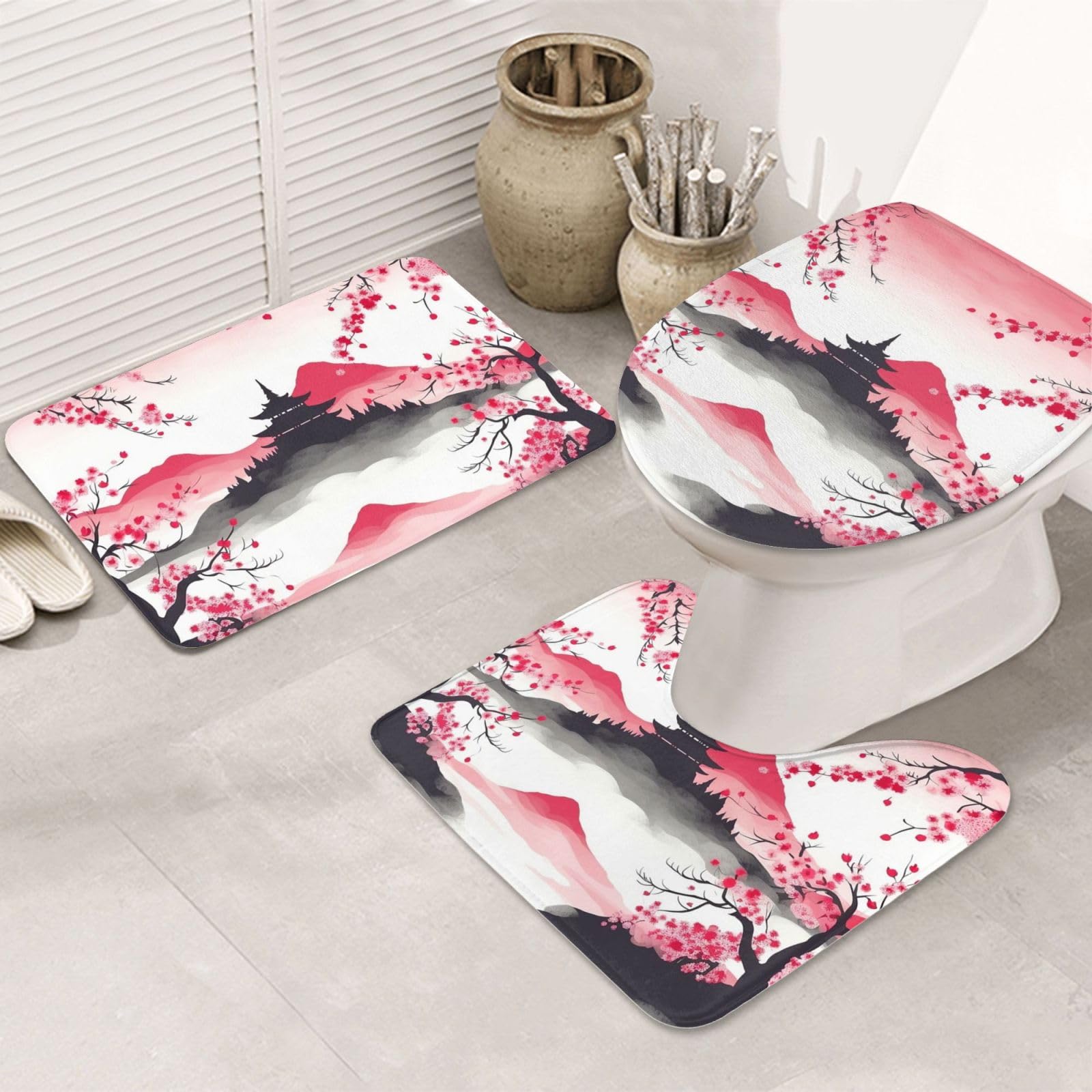 Tapis de salle de bain absorbant et antidérapant Mount Fuji cerises lot de 3