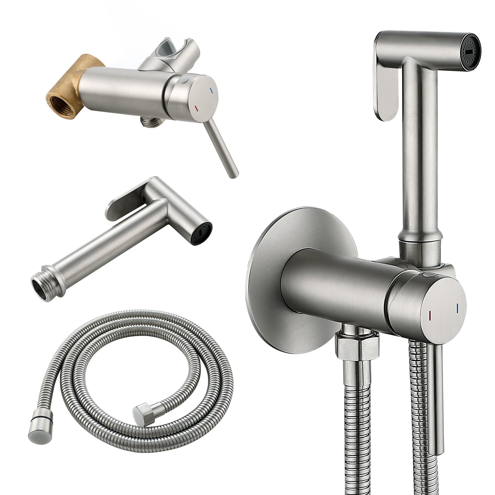 BARROCK Warm Water Bidet Sprayer Faucet for Toilet with Hot and Cold Brass Valve, Stainless Steel Round Handheld Bidet Attachment Set for Feminine, Pets and Baby Diaper Washing, Brushed Nickel