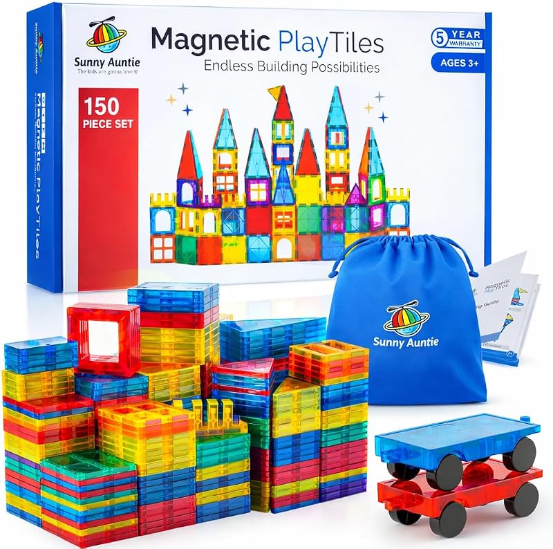 Juego de construcción de juguetes STEM de azulejos magnéticos, a partir de 3 años - 150 piezas | Juguetes de construcción de azulejos magnéticos, juguetes STEM, juego de construcción de bloques magnéticos, con 2 autos y folleto guía para niños a partir de 3 años