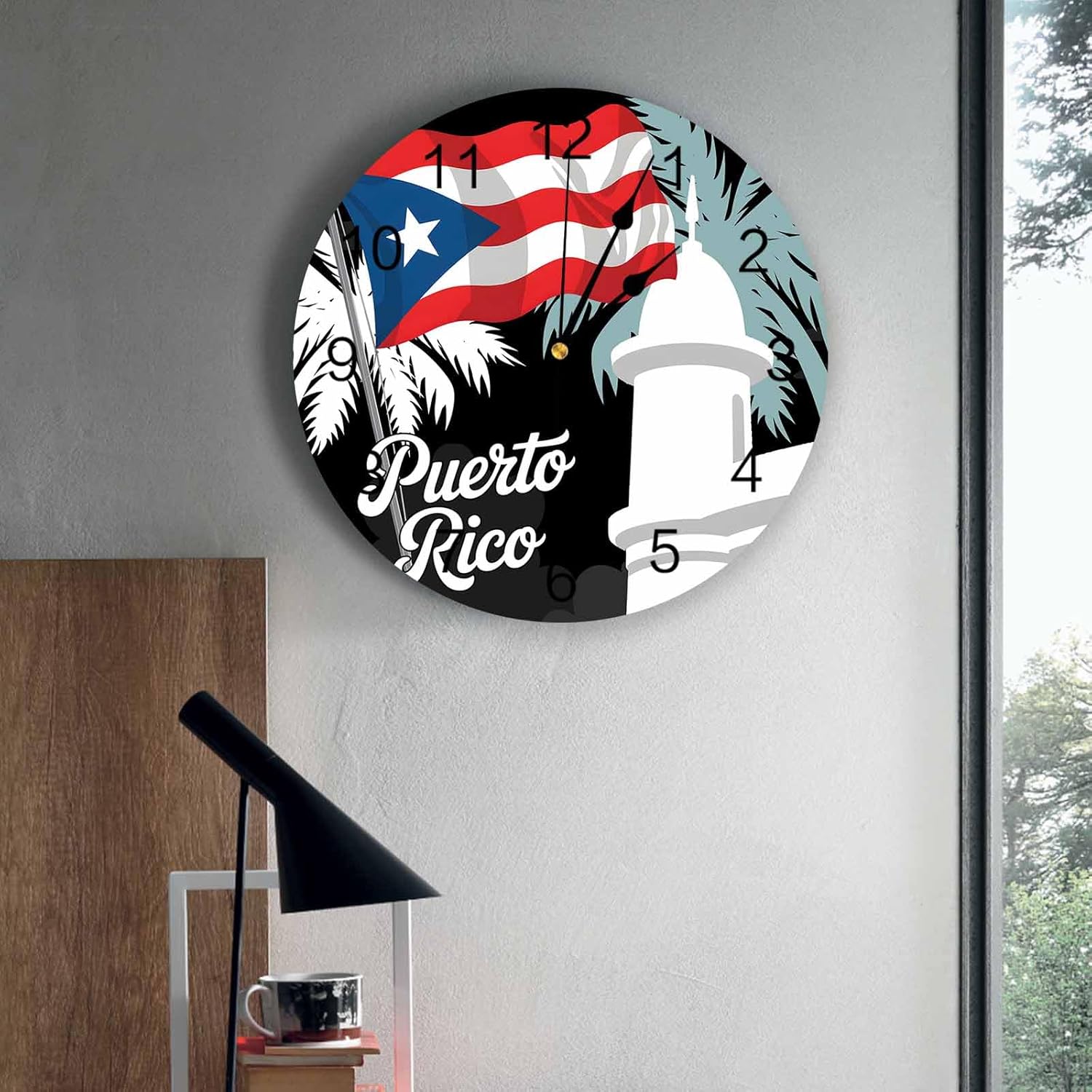 YOKOU Round PVC Wall Clock, Puerto Rico Coconut Tree Building Silhouettes Black Background Silent Non-Ticking Quartz Battery Operated Wall Clock for Living Room Bedroom Home Office School, 9.8"