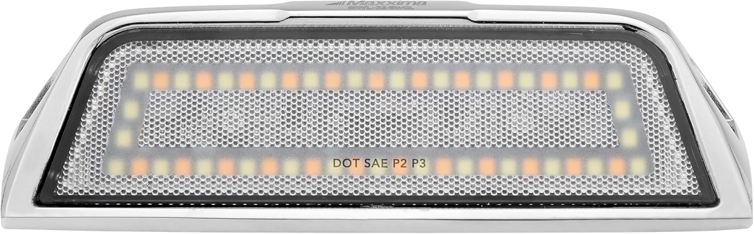 Maxxima 1.8” x 6” Exterior Scene/Load Light, Amber White Dual Color, Clear Lens, 1100 Lumens, DOT Marker, 12/24V LED Chrome Surface Mount – MWL-32-YWCL
