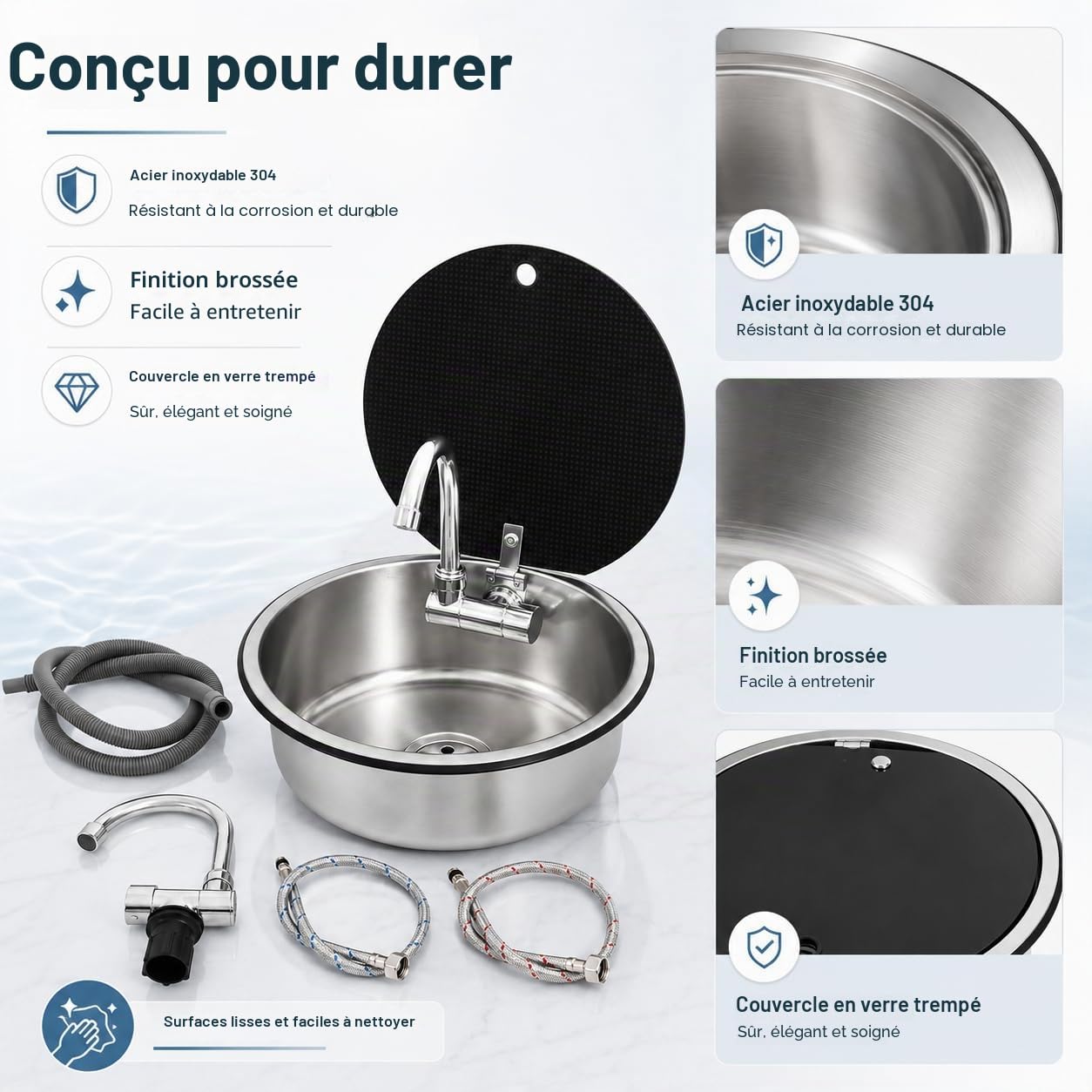 Évier de cuisine à fermeture éclair - 34 x 15 cm - En acier inoxydable - Avec robinet pliable - Pour camping-car, caravane, camping-car