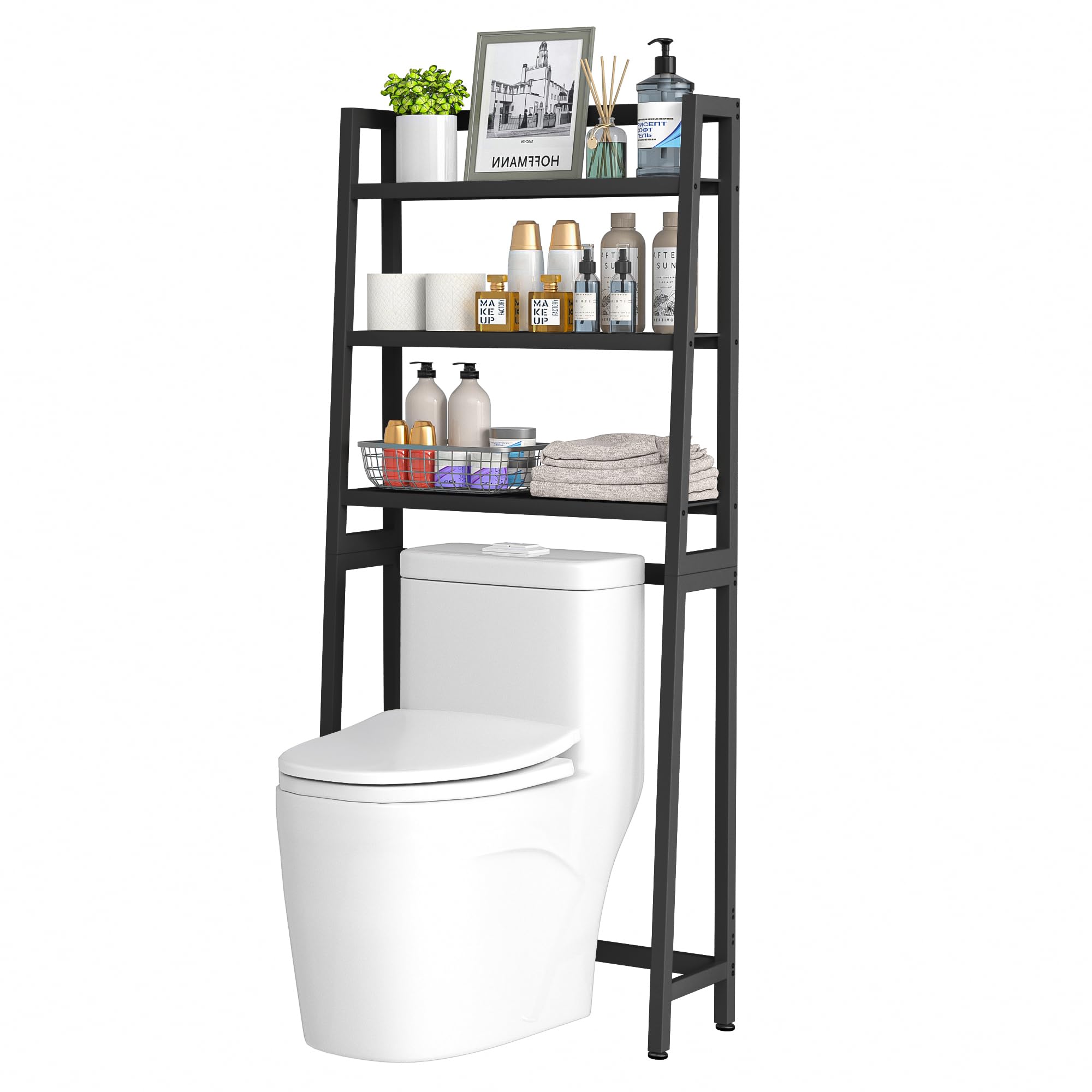VASMIA Toilettenregal, 3-Ebenen Bambus WC Regal über die Toilette mit 3 Haken und Wasserdichten Fußpads,Freistehende über die Toilette Regal für das Badezimmer,Schwarz