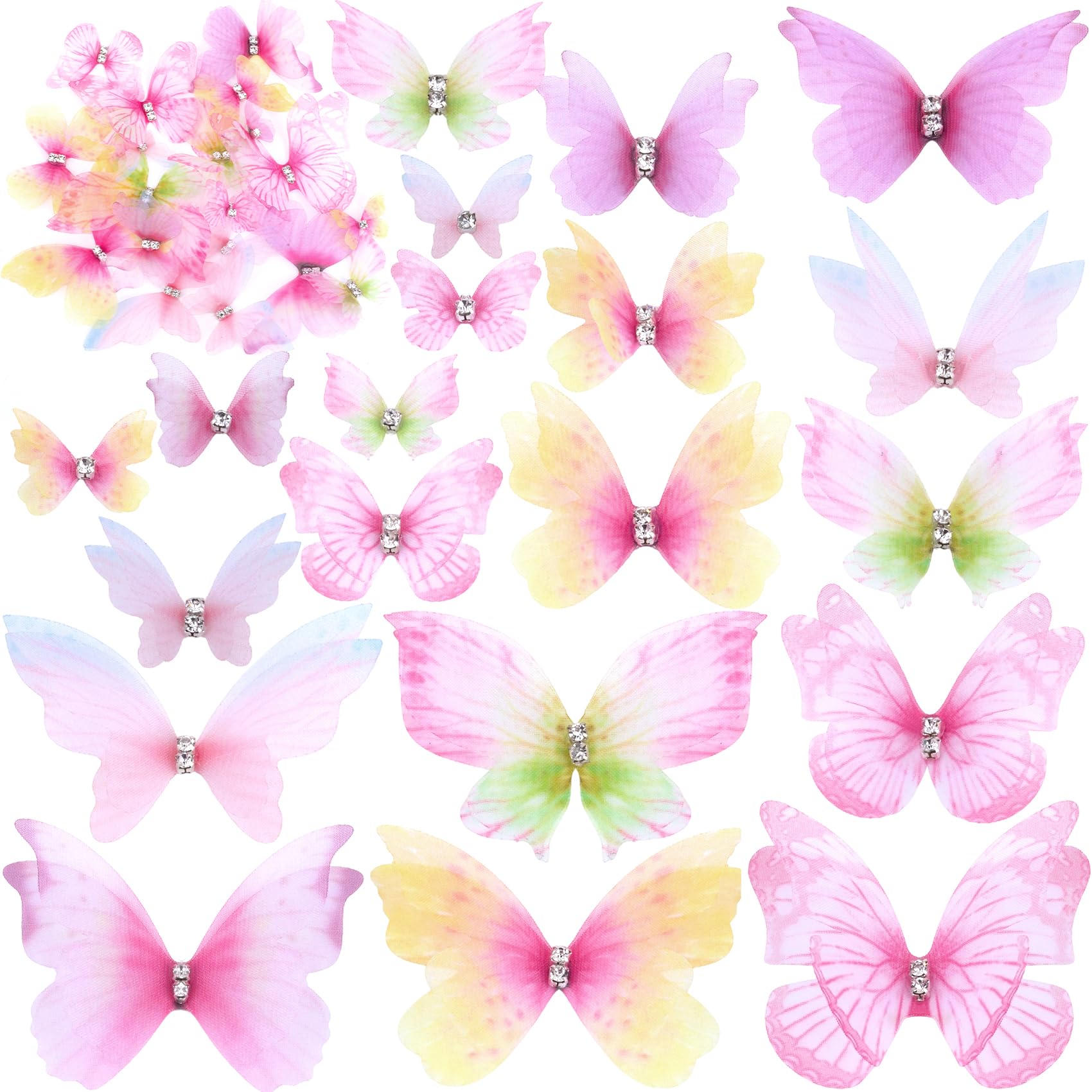 20pcs Mini Butterflies for Crafts, 4 Sizes Double-Layer Sheer Mesh Butterfly Applique with Rhinestone, Colorful 3D Fabric Butterflies for DIY Crafts Dollhouse Bouquets Decoration-image-21