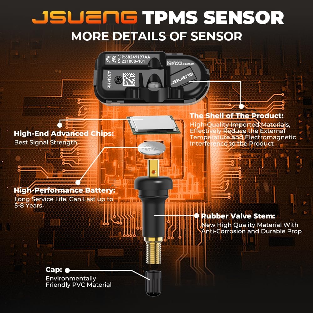 TPMS Sensor, 4-Pack Tire Pressure Monitoring System Sensors for Jeep Cherokee Dodge RAM 1500 2500 3500 4500 Replaces 68249197AA 68157568AA 433mhz