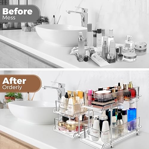 Miniatura 5 de XINYA BAO Juego de 2 organizadores de almacenamiento de baño de 2 niveles con divisores, organizadores transparentes multiusos para debajo del