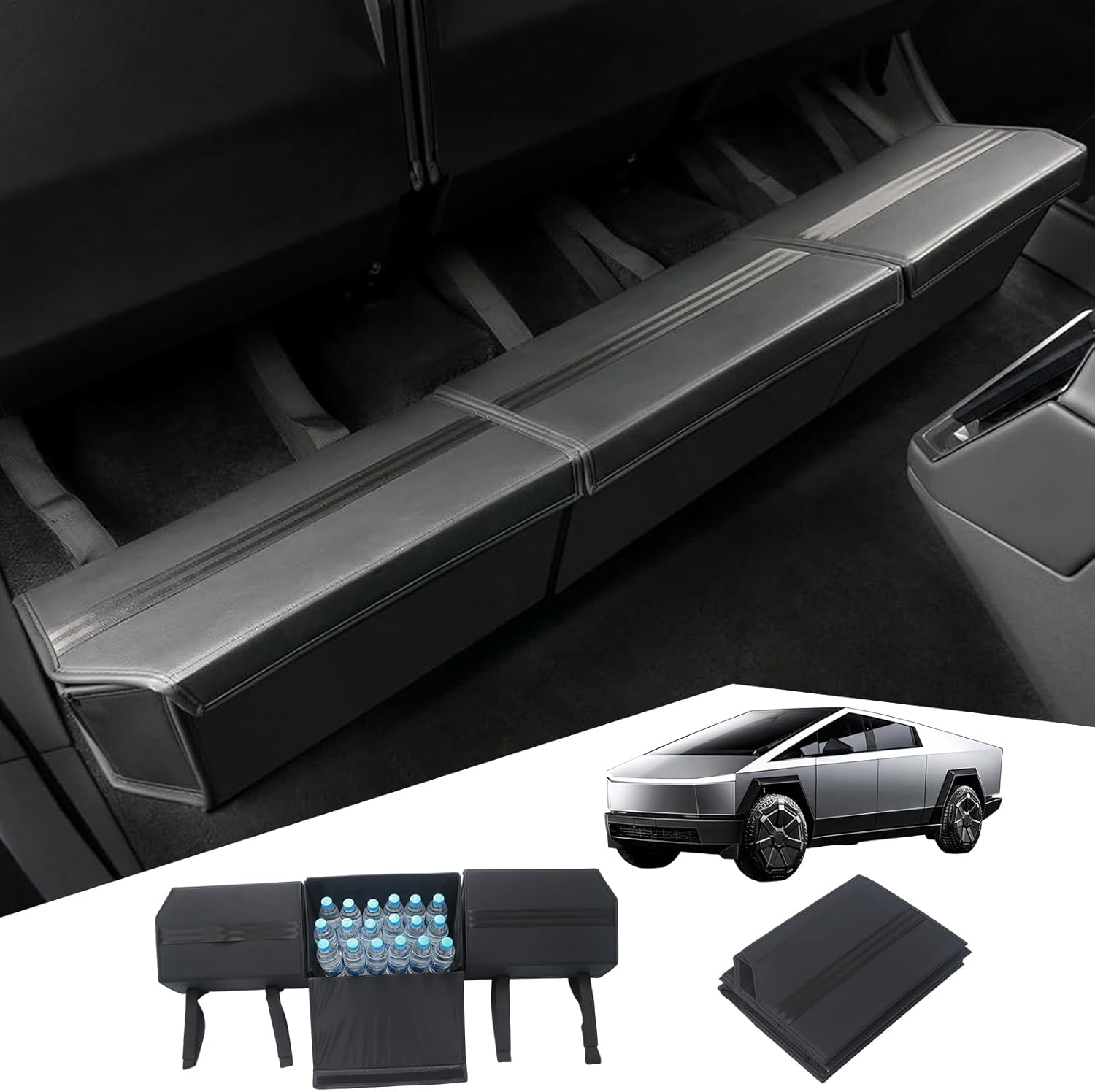 3 PCS Leather Rear Under Seat Organizer for Tesla Cybertruck 2024, Second Row Under Seat Storage Box with Cover for Cybertruck Accessories, Portal Storage Box for Tesla Cybertruck