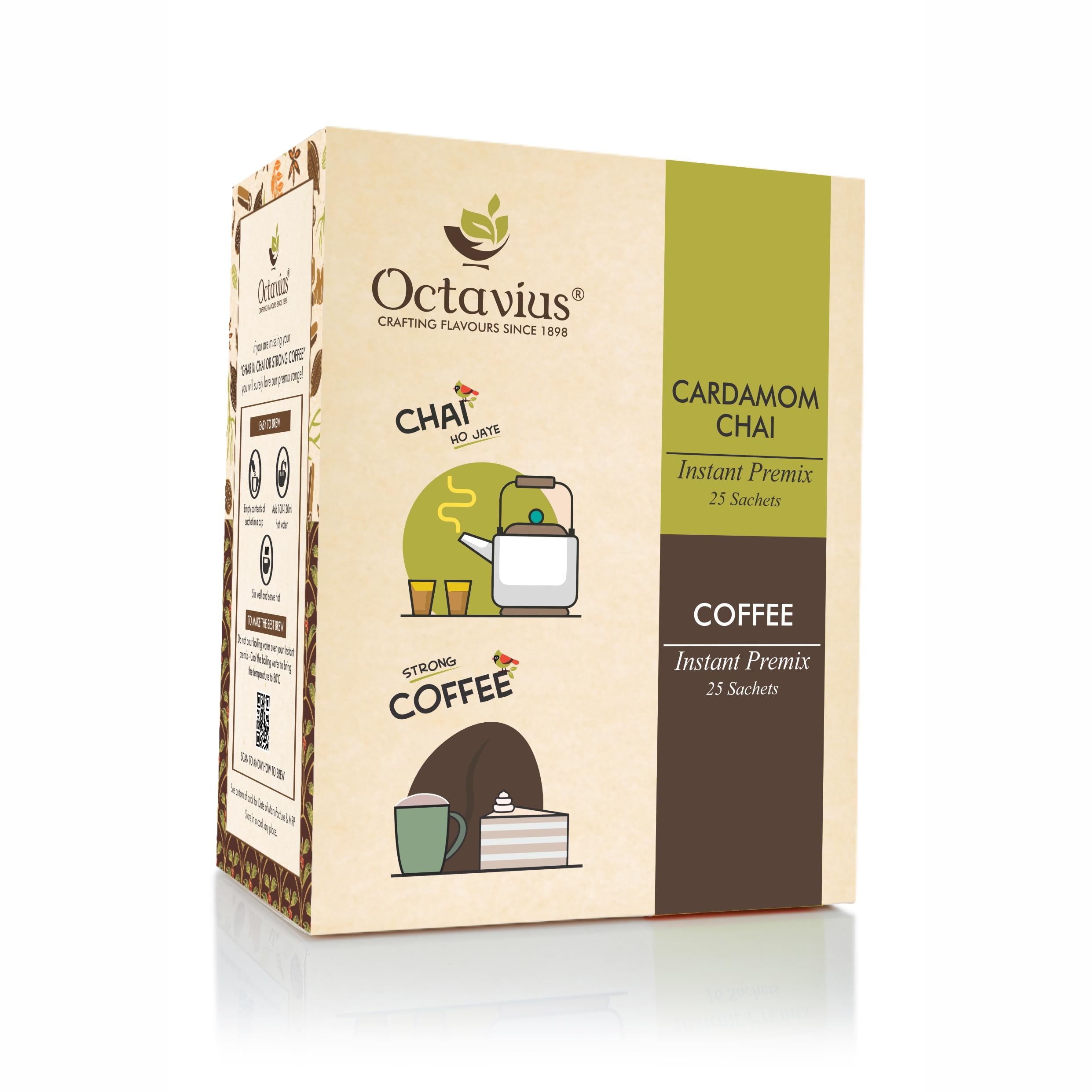 Octavius | Cardamom & Instant Coffee 2 in 1 Premix Tea & Coffee -50 Pouches | Economy Pack | Readymade Tea Mix | Ready Tea & Coffee | Premix Tea Powder | Instant Tea | Tea Premix | Economy Pack (15Gm X 50 Sachets)