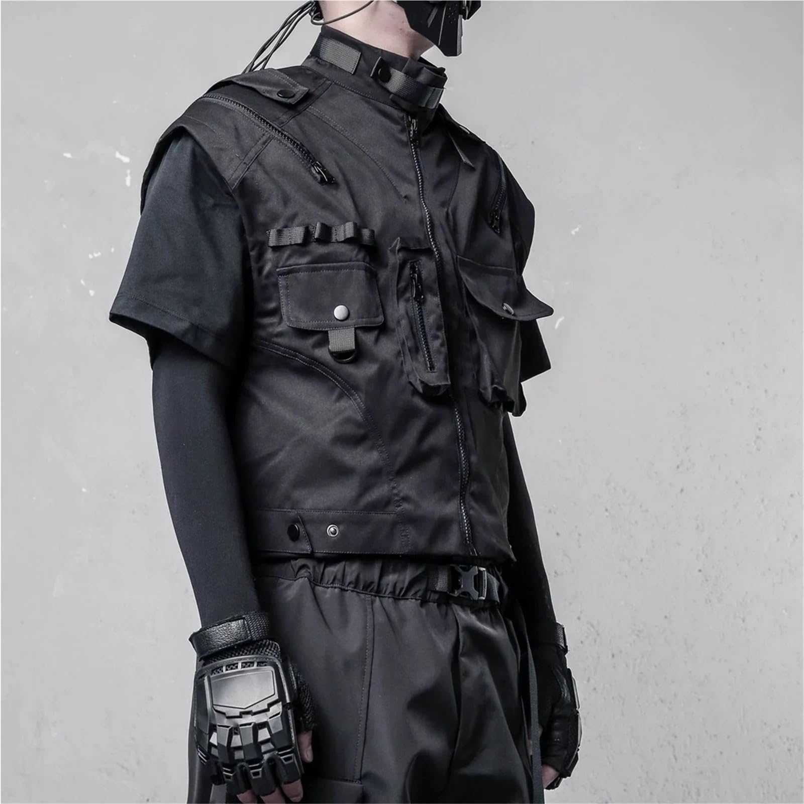 Multi Pocket Weste Multi Taschen Techwear Cargo Weste Mann Hip Hop Kurze Weste High Street Casual Ärmellose Jacken Für Jagd Angler Camping Wandern(L)