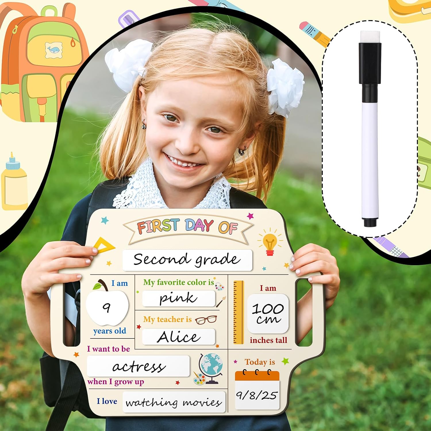 Dunzoom First Day of School Board Personalized My First and Last Day Sign Back to School Board Chalkboard Photo Prop for Kids Preschool Kindergarten 1st Grade(Simple)