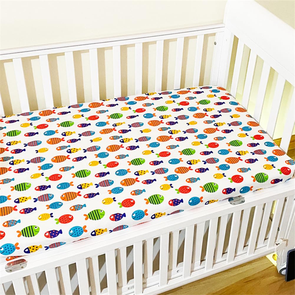 Odot Cot Bed Sheets, Bedside Cribs Fitted Sheets for Boys and Girls, Baby Bed Sheets Cot Bed Mattress Protector, Bassinet Sheets, Easy Care Soft and Dureable (120x60cm,White Fish)