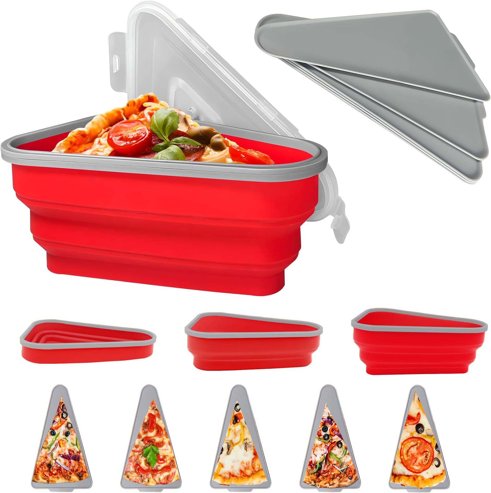 Celerity Pizza Storage Container with 5 Microwavable Serving Trays, Pizza Box BPA-Free Collapsible Pizza Slice Container, Reusable Pizza Pan Pizza Box Set with Lids to Save Space, Red