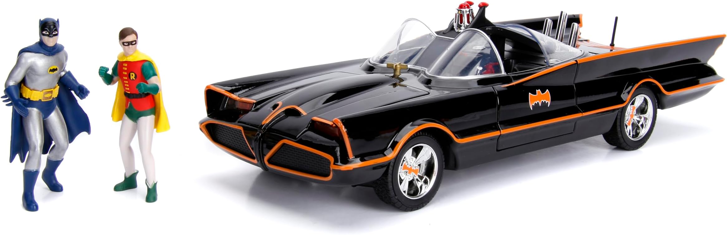Batmobile Working Lights with Batman and Robin Figures, 1966 Classic TV Series - Jada 98625 - 1/18 Scale Diecast Model Toy Car