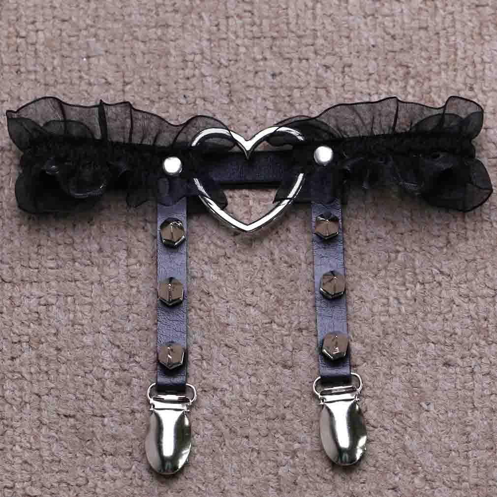 Adove Women Adjustable Leather Thigh Garter,Lace Heart Shaped Leg with Clips punk goth for thigh high socks - Image 5