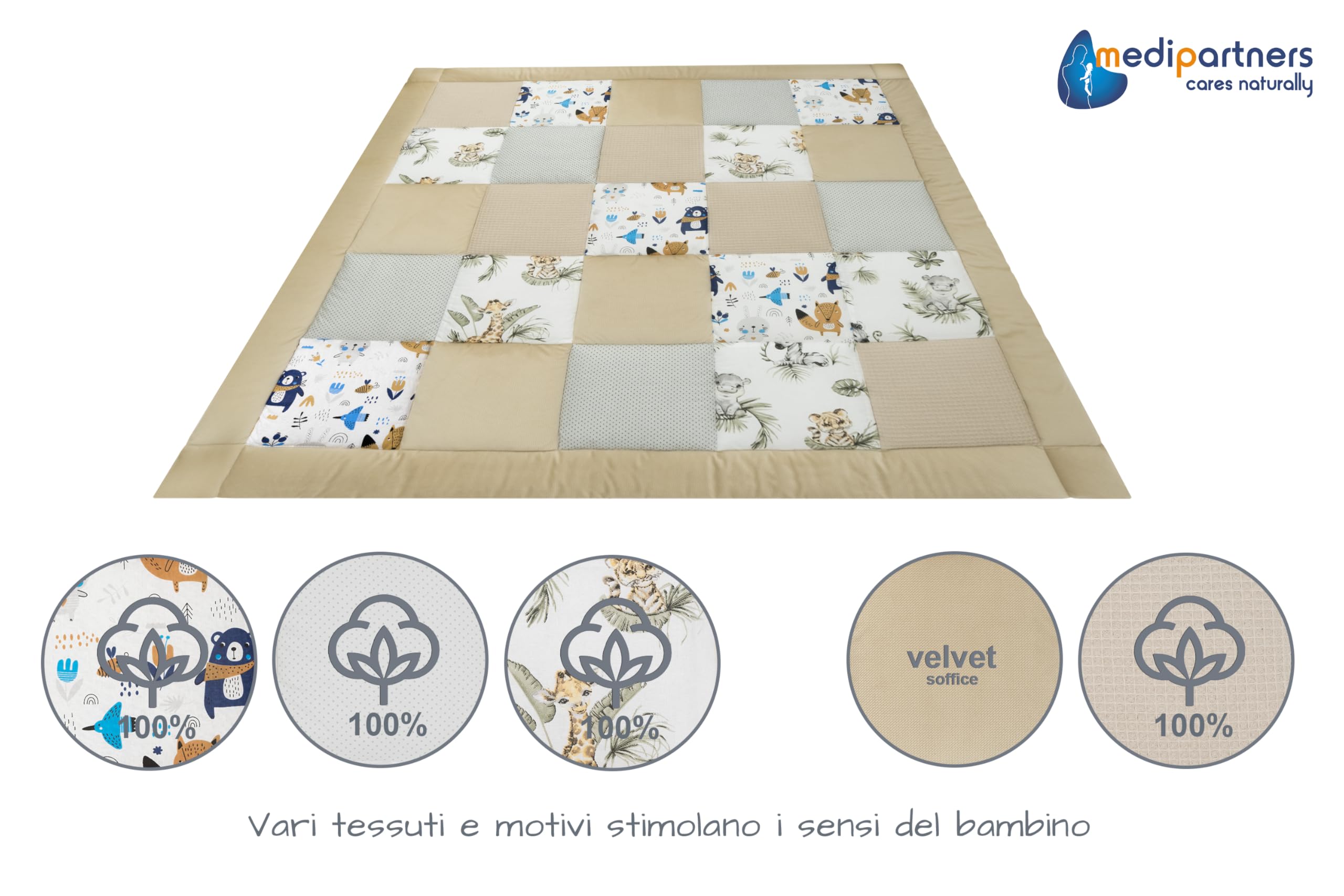 Medi Partners Coperta per neonati 100% cotone 120x120cm multifunzionale Morbido spesso Tappetino da gioco Inserto per box