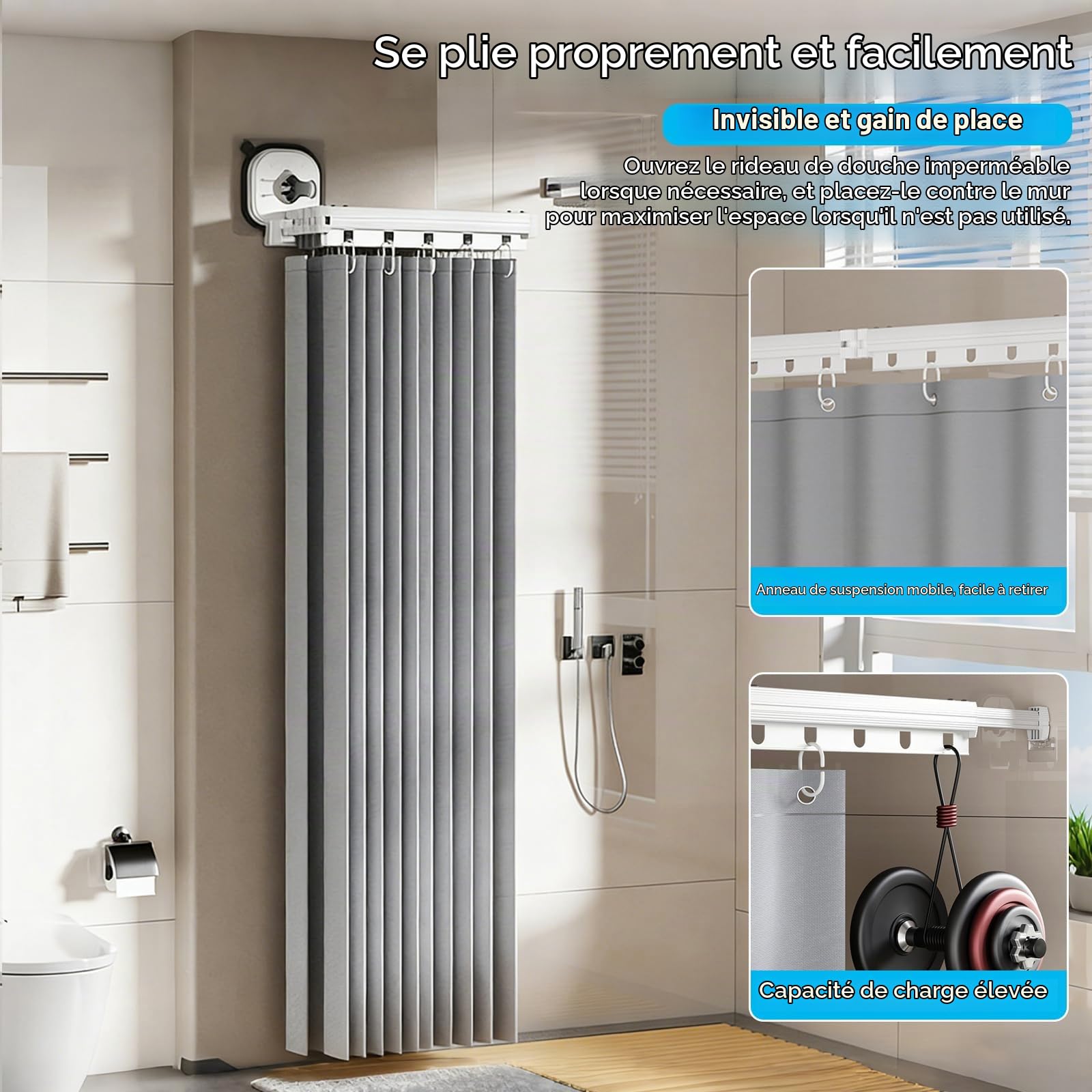 Tringle à rideau de douche sans perçage avec rideau de douche et anneaux, pliable à 360°, en aluminium, pour douche en forme de L et d'angle, pliable et peu encombrante (blanc, 5 compartiments)
