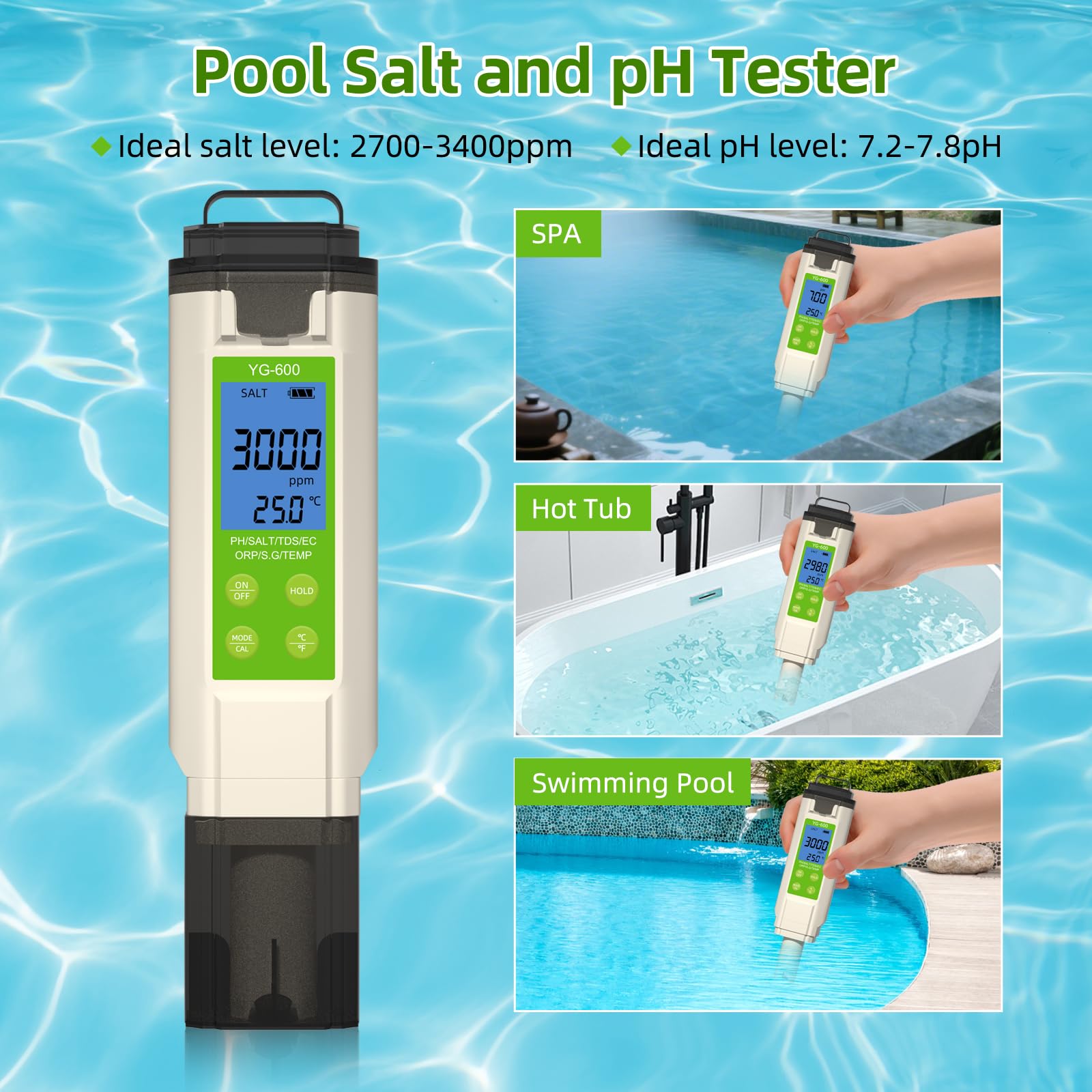 PH Messgerät Wasser， 7in1 Wassertester - pH, TDS, ORP, Salz, Temp - Ph Wert Messgerät Mit Atc，Salzgehalt pH Pool Messgerät für Pool, Aquarium，Hydroponik，Trinkwasser, Hotel, Badewanne & Küche