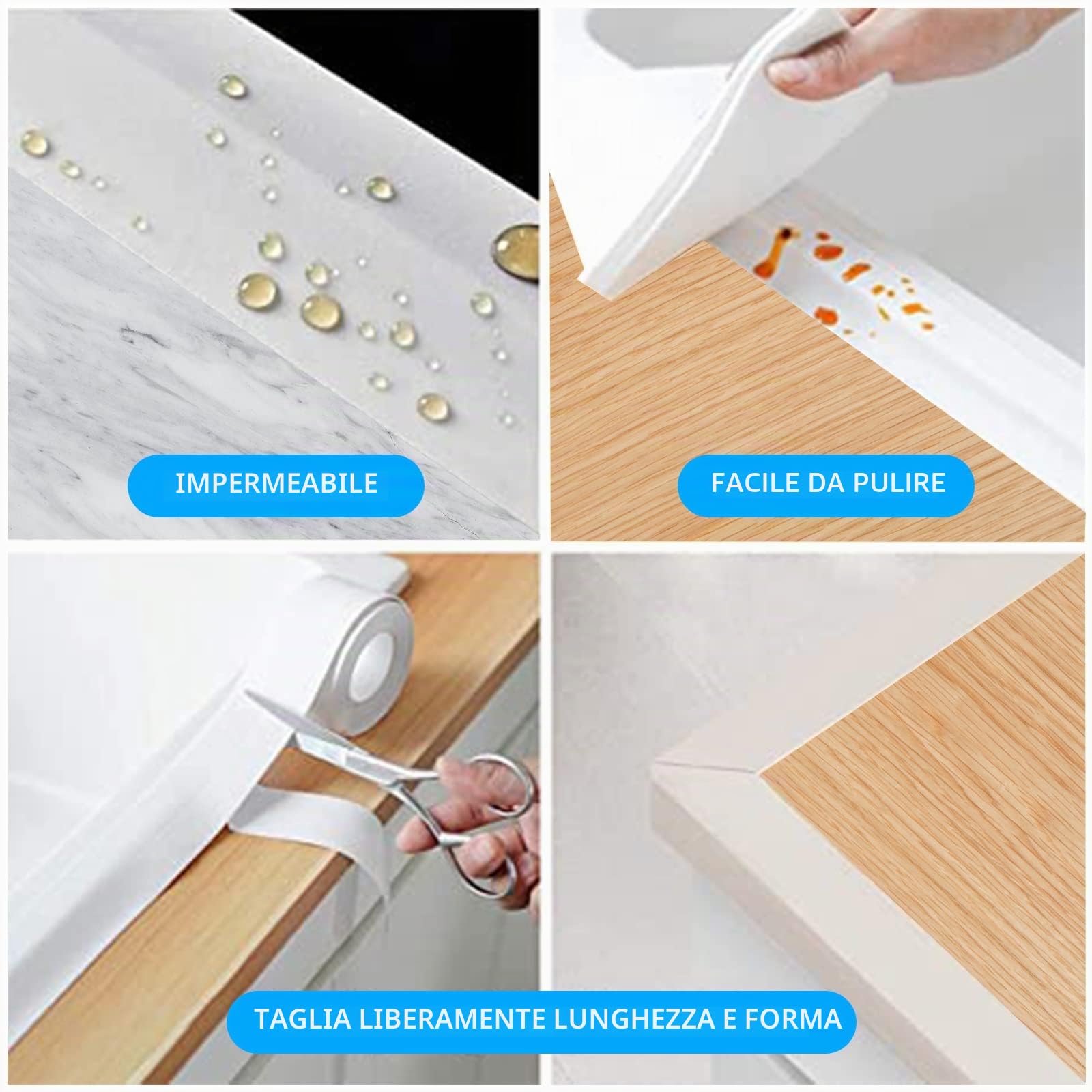 Nastro Sigillante Impermeabile Adesivo Adesivo per Decorare Cucina, Bagno, Vasca da Bagno, WC, Parete, Pavimento, 1 Rotoli da 3.2 M, Bianco
