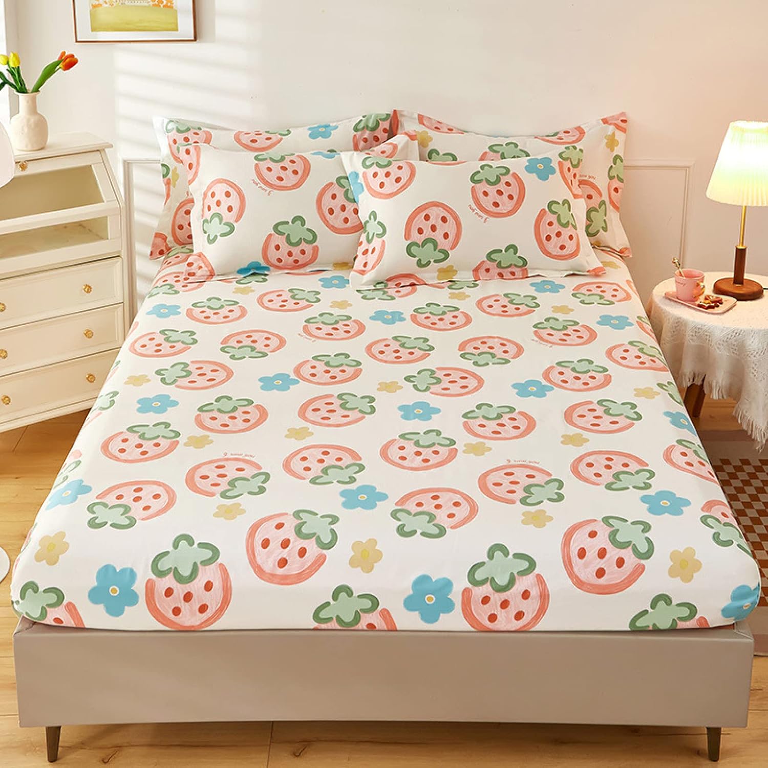 FCLDESHOP Mattress Encasement,Kids Room Cotton Printed Deep Pocket Bedding Bedspread, Boy Girl Bedroom Cartoon Anime Fitted Sheet Mattress Topper,Strawberry 1,200cmx220cm+28cm