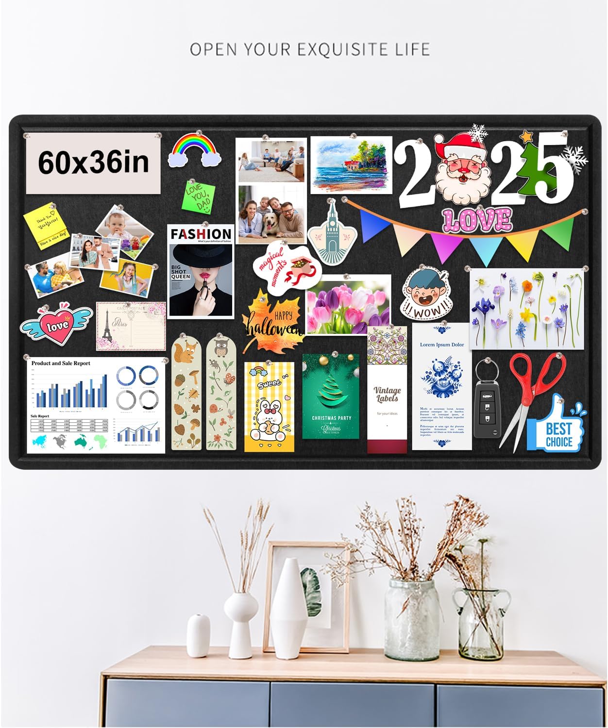 Large Bulletin Board, Foldable 60x36 Inches Cork Board Alternative, Large Felt Board Decorative Pin Board for Wall, Foldable Photo Board Self-Adhesive Vision Board with 36 Pushpins Black