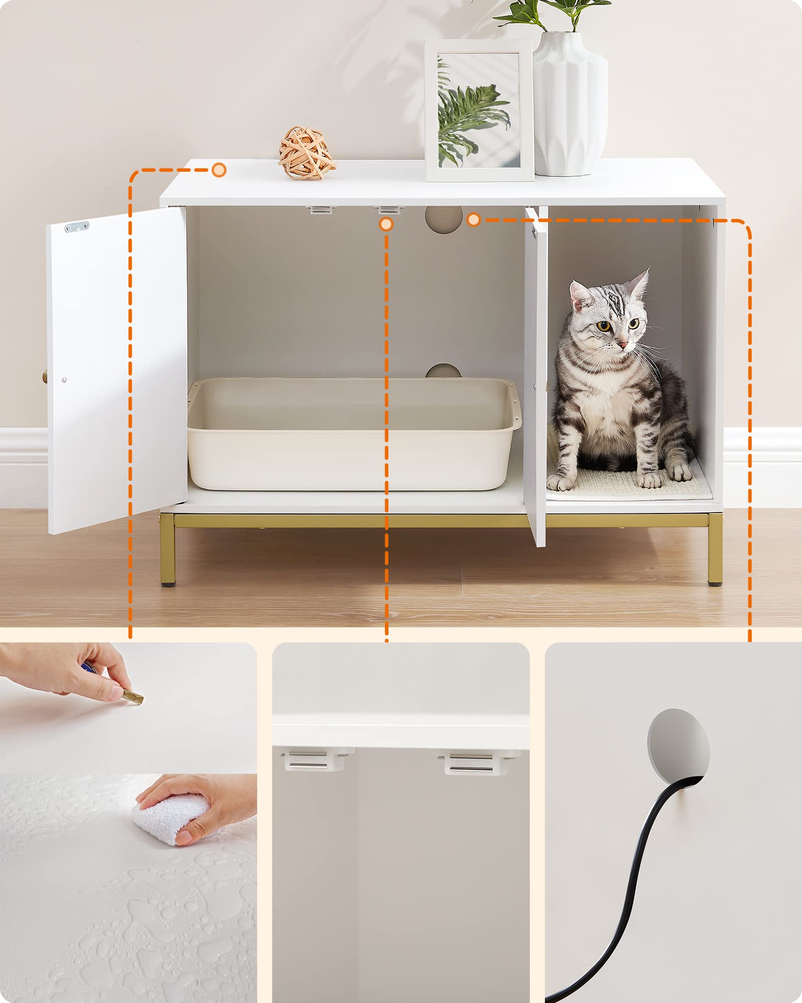 Feandrea PCL007W01 - Mueble de Cama para Gatos con Alfombra de rascado, Patas Altas, Mesa Auxiliar, 80 x 50 x 55 cm, Blanco y Dorado
