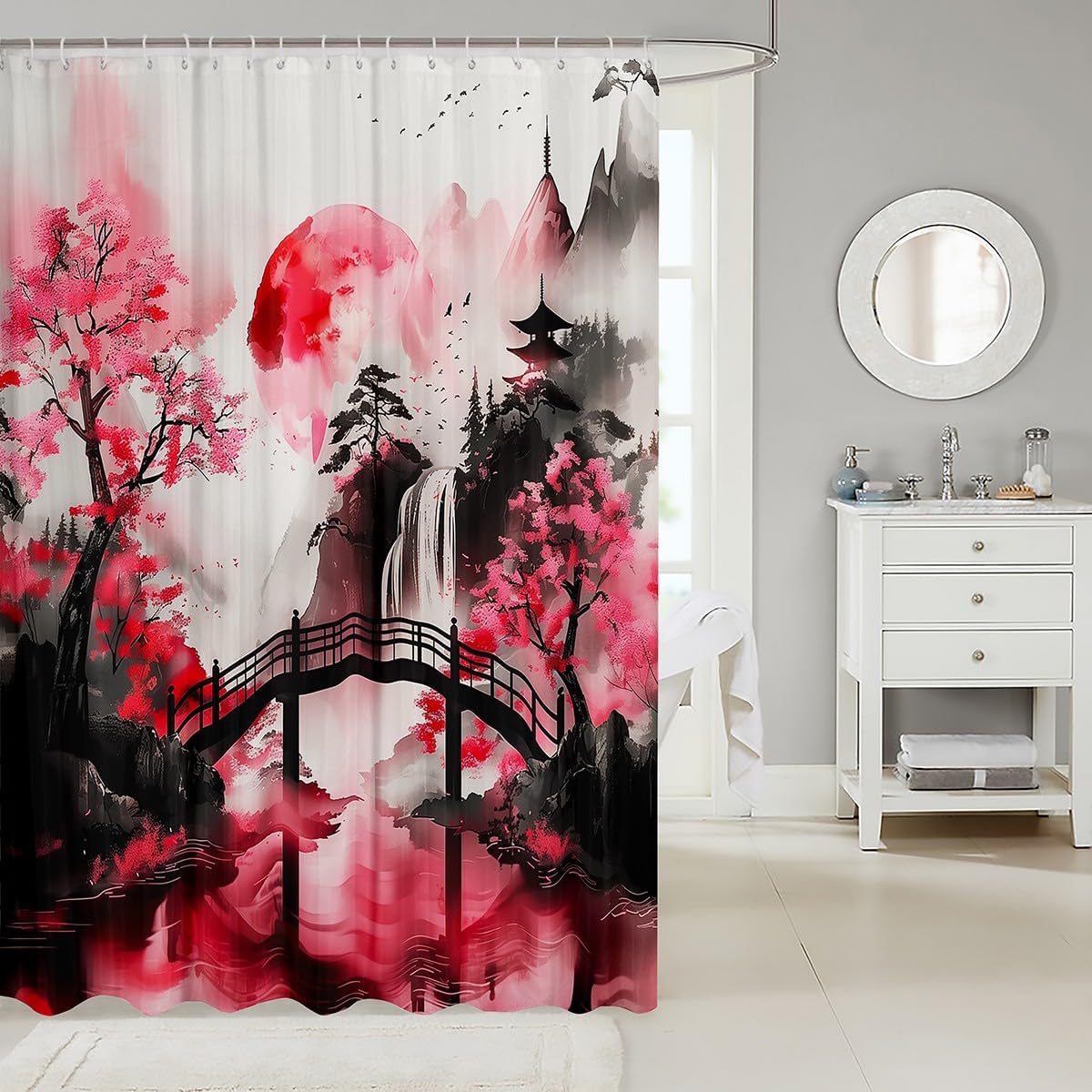 jejeloiu Japanese Anime Bath Curtain,72"x72",Japan Cherry Blossom Floral Mountain Sun Asian Oriental Shower Curtain for Bathroom Decor,Abstract Ink Art Waterproof Bathroom Accessories,Cool Watercolor image 2