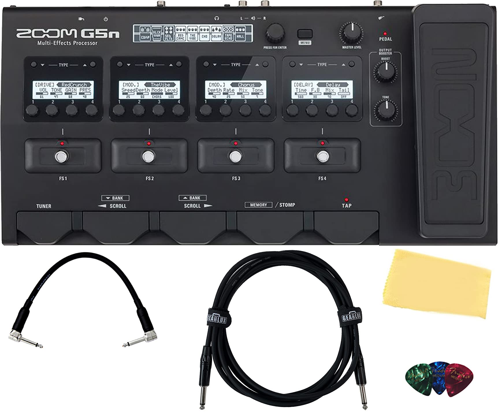 ZoomG5n Multi-Effects Processor with Expression Pedal for Bass Bundle with Picks, Gearlux Instrument Cable, Patch Cable and Austin Bazaar Polishing Cloth