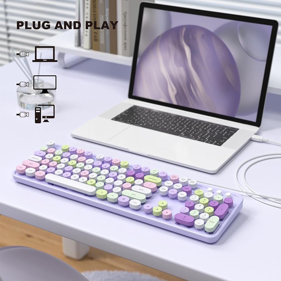 SQMD Colorful Computer Keyboards Wired, USB Plug and Play Full Size Typewriter Keyboard, Cute Aesthetic Keyboard with Foldable Stands for Windows PC Laptop (Purple) - image 5