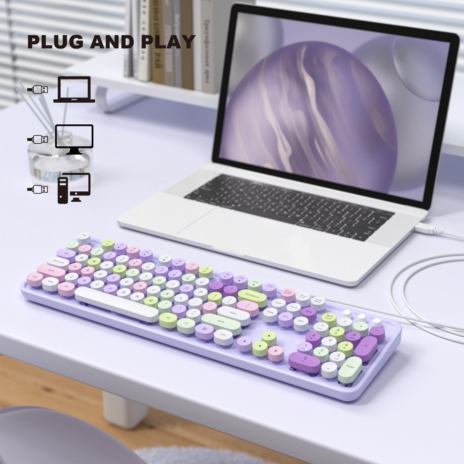 The MOFII Colorful Computer Keyboard in Purple, featuring a retro typewriter design and full-size layout.