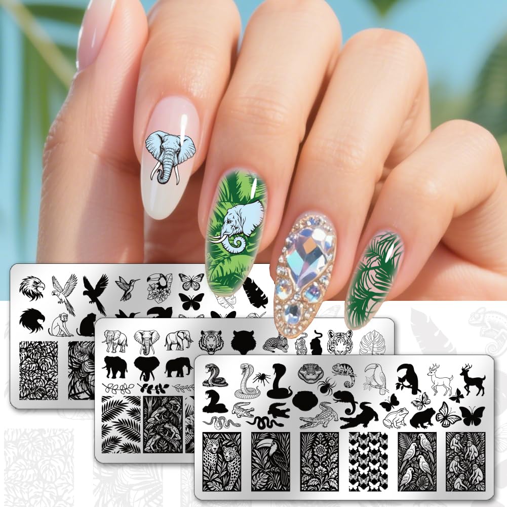 PH PandaHall 3 pezzi per unghie con animali selvatici, per nail art, template di tigre, elefanti, nail art, farfalle, serpenti, piastre per unghie per donne, fai da te, manicure e saloni