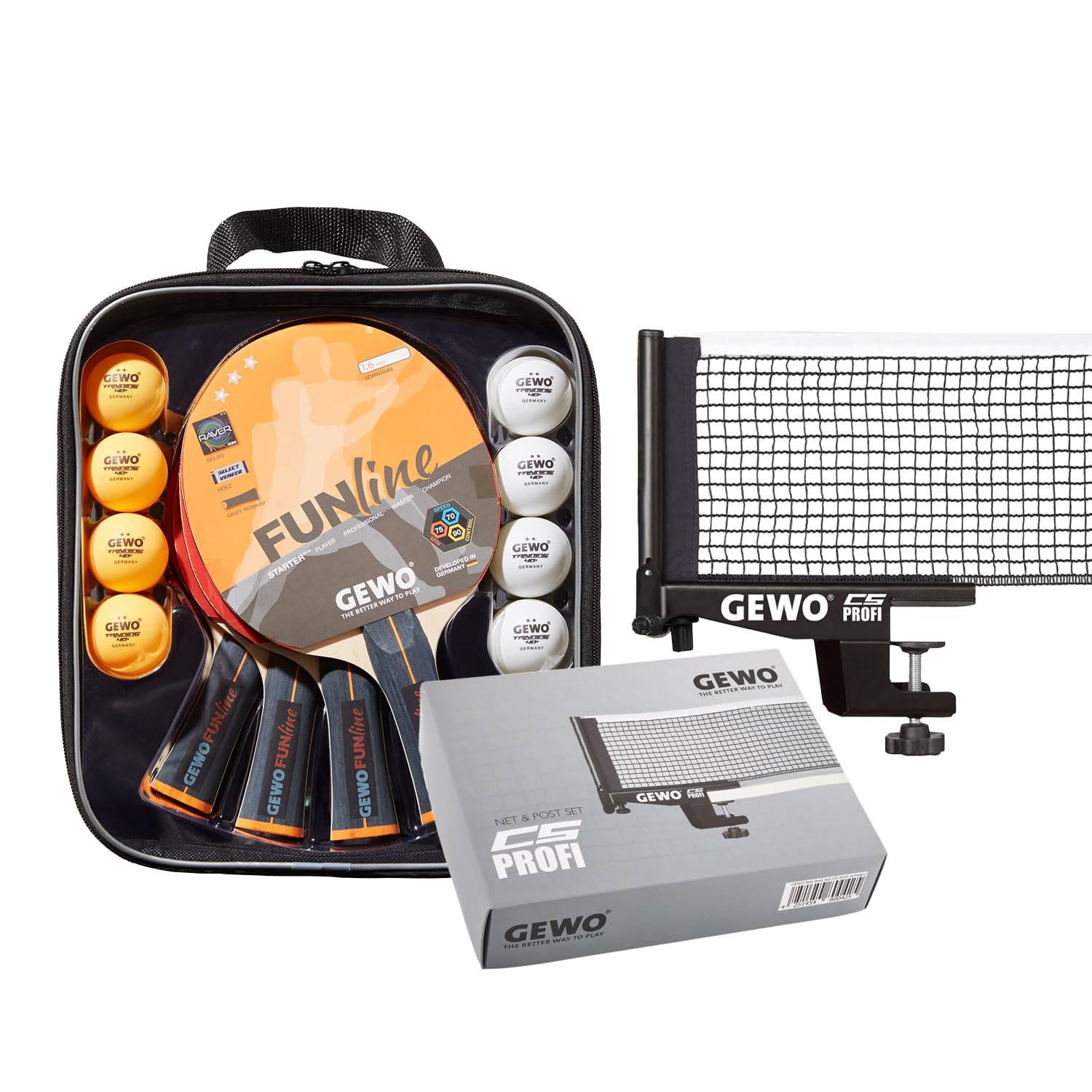 GEWO Tischtennisschläger-Set - Family & Friends & GEWO Tischtennisnetz CS Profi - Professionelles Tischtennis-Netz für die Tischtennisplatte, Tischbreite 152cm