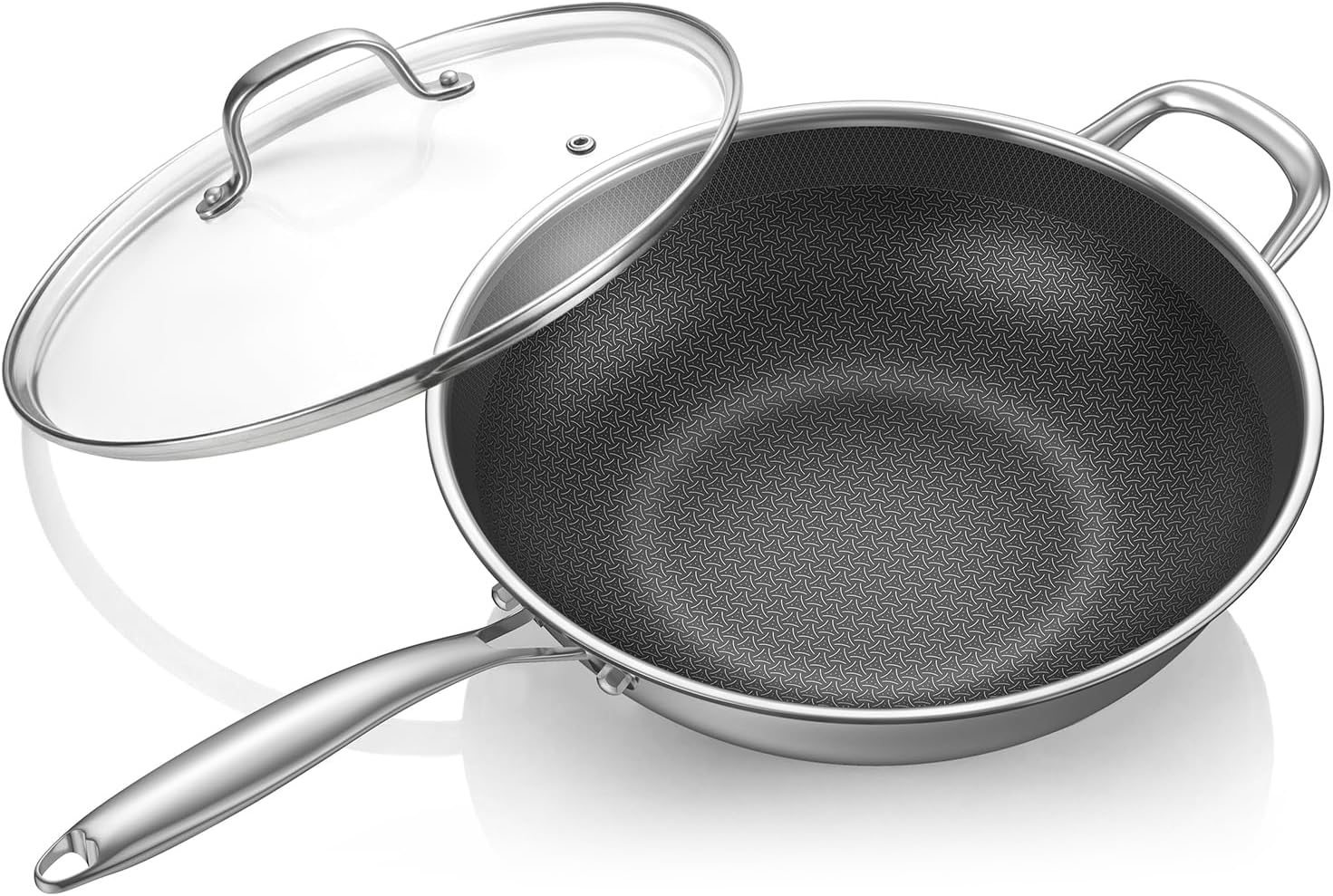 Hybrid Nonstick Wok, 12.5-Inch Stainless Steel Wok with Lid, Laser-Textured Wok Pan, PFOA-Free Woks & Stir-Fry Pans, Oven & Dishwasher safe, Induction Ready, Compatible for Gas Electric Glass Cooktops