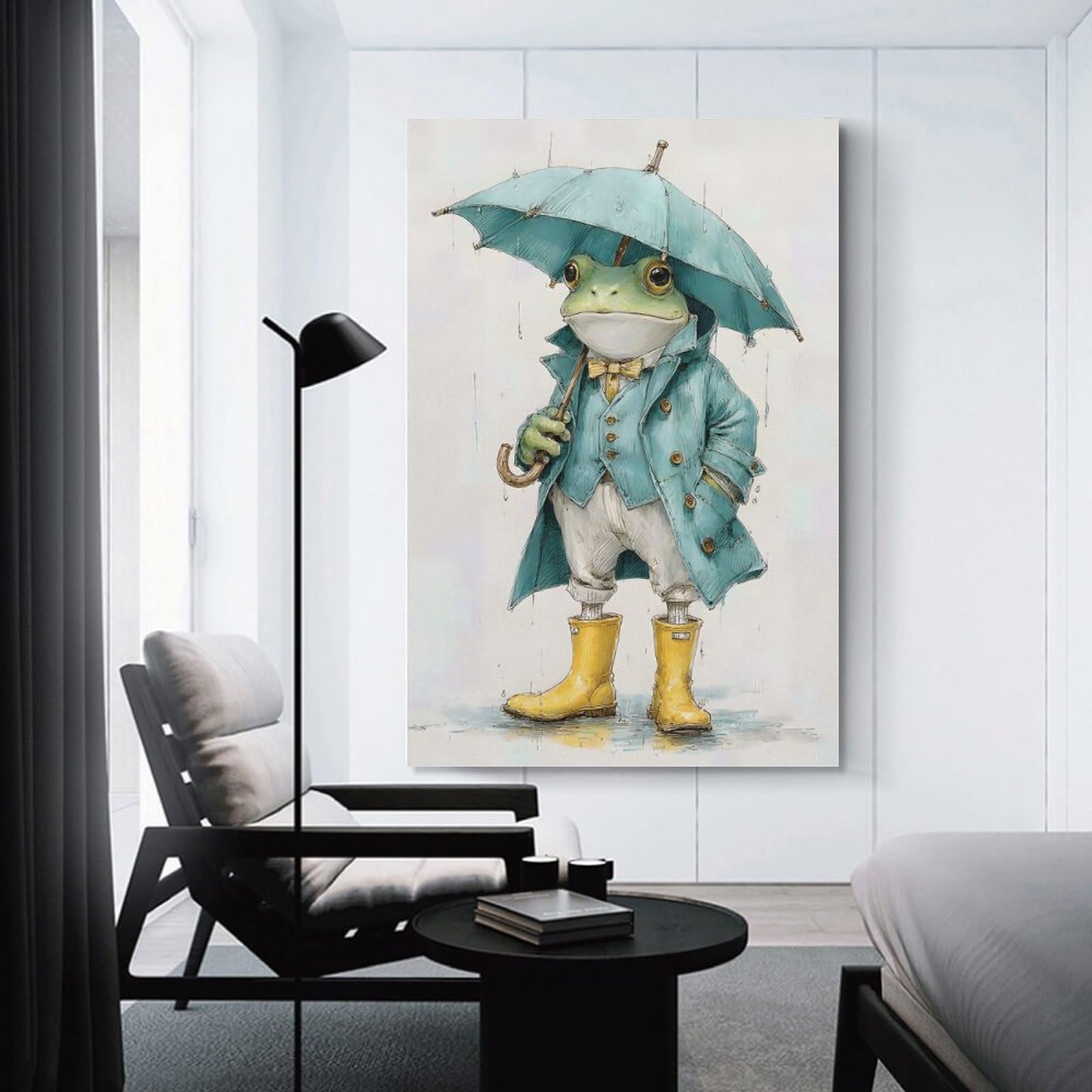 Junmoney Frog in A Trench Coat with Umbrella Decorative Canvas Print 16x24inch(40x60cm), for Study, Office Or Focused Interiors, Wall Art That Adds Style to Work Areas