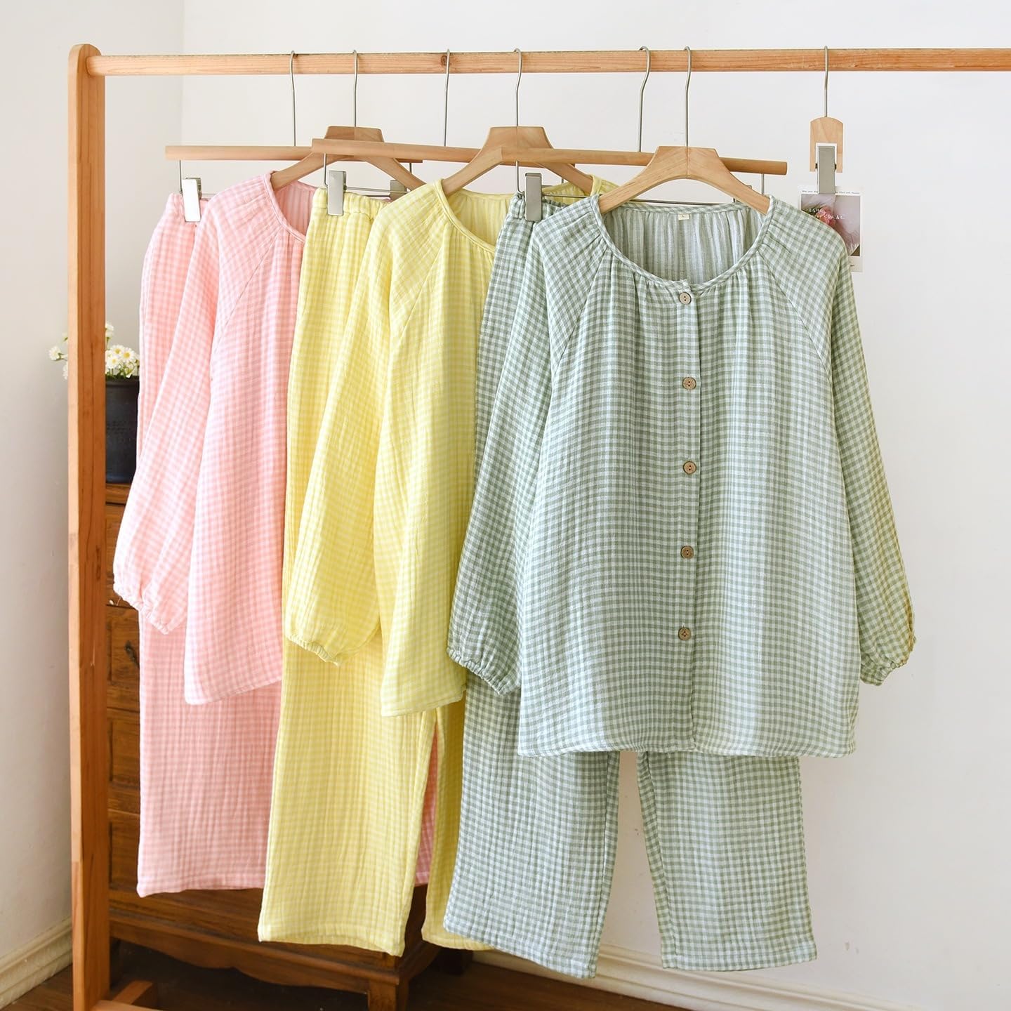 Women's Washed Cotton Plaid Pajamas Set Long Sleeve Sleepwear