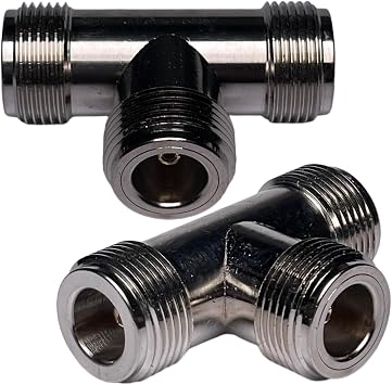 CESS N-Type Female 3-Way Coax T Splitter Adapter, Nickel, 2 Pack