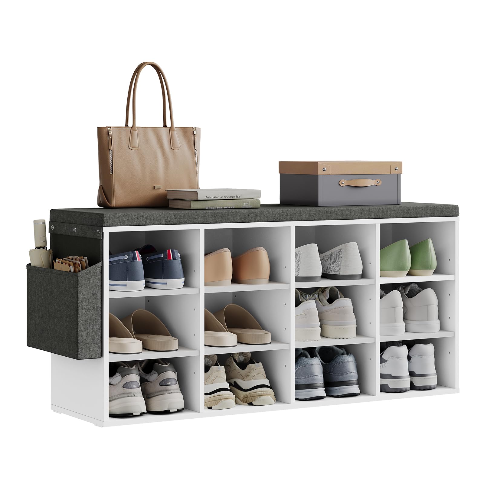 WOLTU Banc de Rangement à Chaussures, Meuble d’Entrée pour Chaussures, Étagère Autoportante à 12 Compartiments en Panneau Aggloméré avec Coussin en Tissu Gris, Blanc, 102x30x48,5 cm