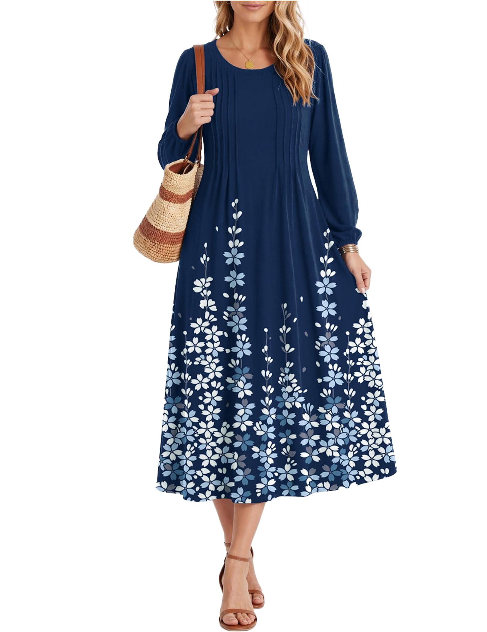 Zeagoo Fall Dresses for Women Long Sleeve Midi Dress Casual A Line Dresses 2026 Pleated Flare Dress with Pockets