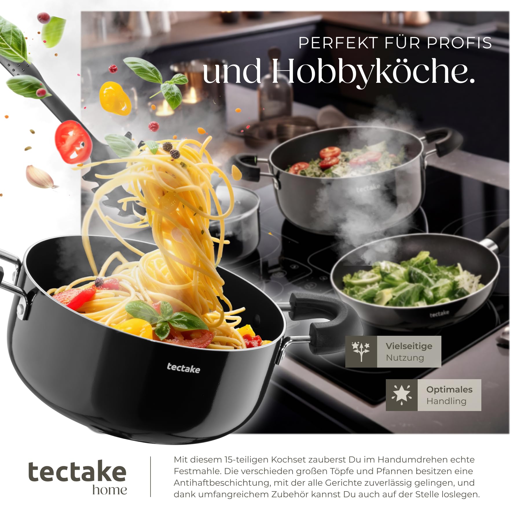 tectake® 15tlg Set mit 5x Küchenhelfer, 2x Pfanne, 4x Topf, jeweils mit Deckel, Kochtopf Set Antihaft Beschichtung, Töpfe + Pfannen aus Aluminium, Zubehör für Haushalt, Camping und Küche