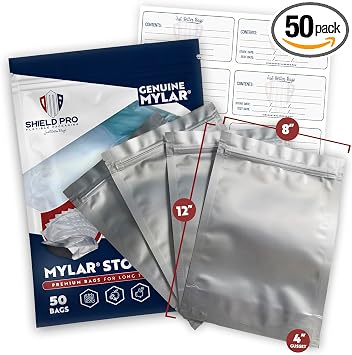 7.5 Mil Mylar Bags/Pouches Per Side - Genuine Aluminum Foil-Lined Bag for Long Term Food, Grain, Baking, Storage Container 50 8"x12"x4"