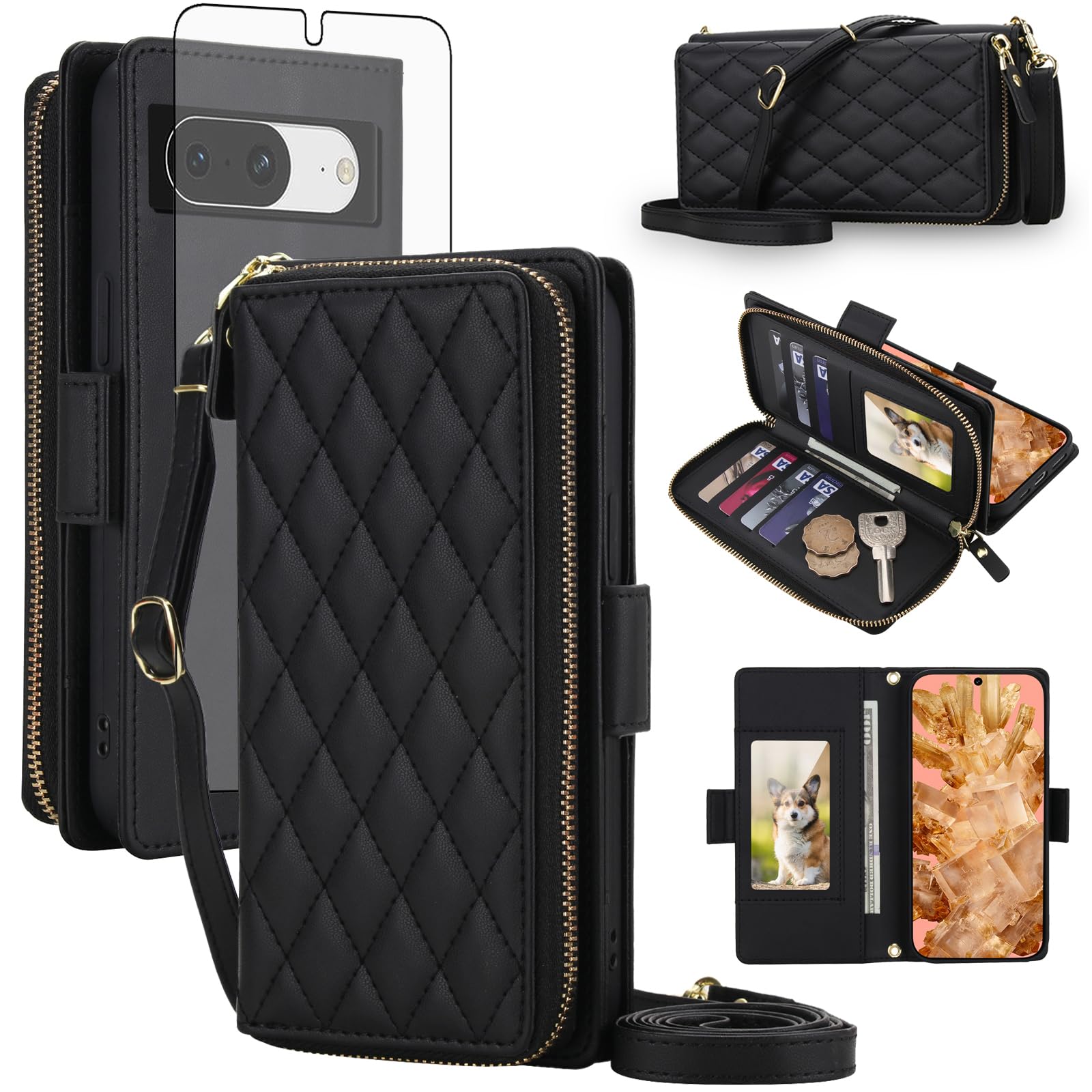 Asuwish Funda tipo cartera compatible con Google Pixel 8 5G, cierre de cremallera, bloqueo RFID y protector de pantalla, correa cruzada, ranuras para tarjetas, Pixel8 Eight, funda para teléfono para