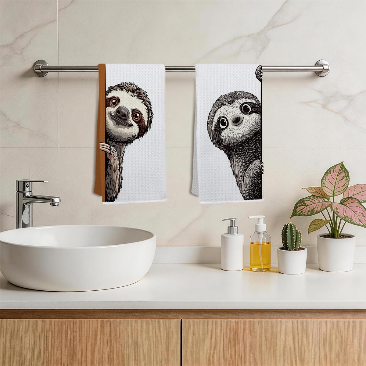 2 Pcs Funny Sloth Kitchen Towels Decor Dish Towels, Sloth Gifts for Women - | Sloths Peeking Hand Towel for Bathroom Decor, Waffle Weave Microfiber Cleaning Cloth Tea Towel Wash Cloths 14 x 24 Inch