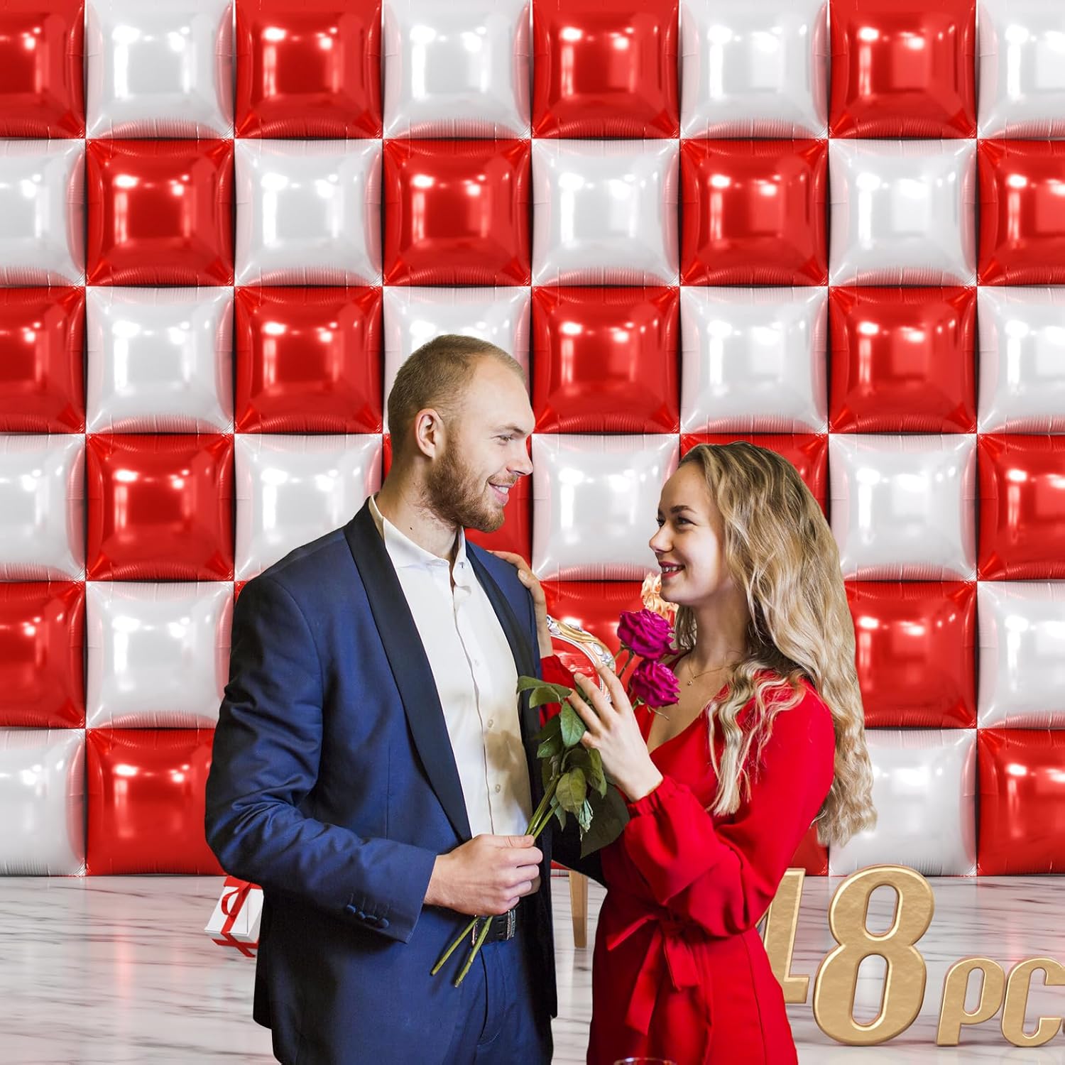 NISOCY 48PCS Red White Square Foil Balloons Wall Backdrop Double Sided Red Pearl White Balloons Arch Kit for Birthday Wedding Bridal Shower Valentine Anniversary Party Decorations