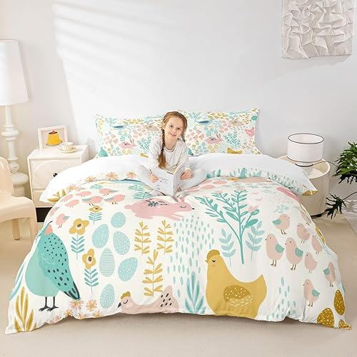 Miniatura 4 de Juego de funda de edredón de pollo, tamaño individual, diseño de conejo azul, rosa, caricatura, kawaii, animales salvajes, funda de edredón amarilla