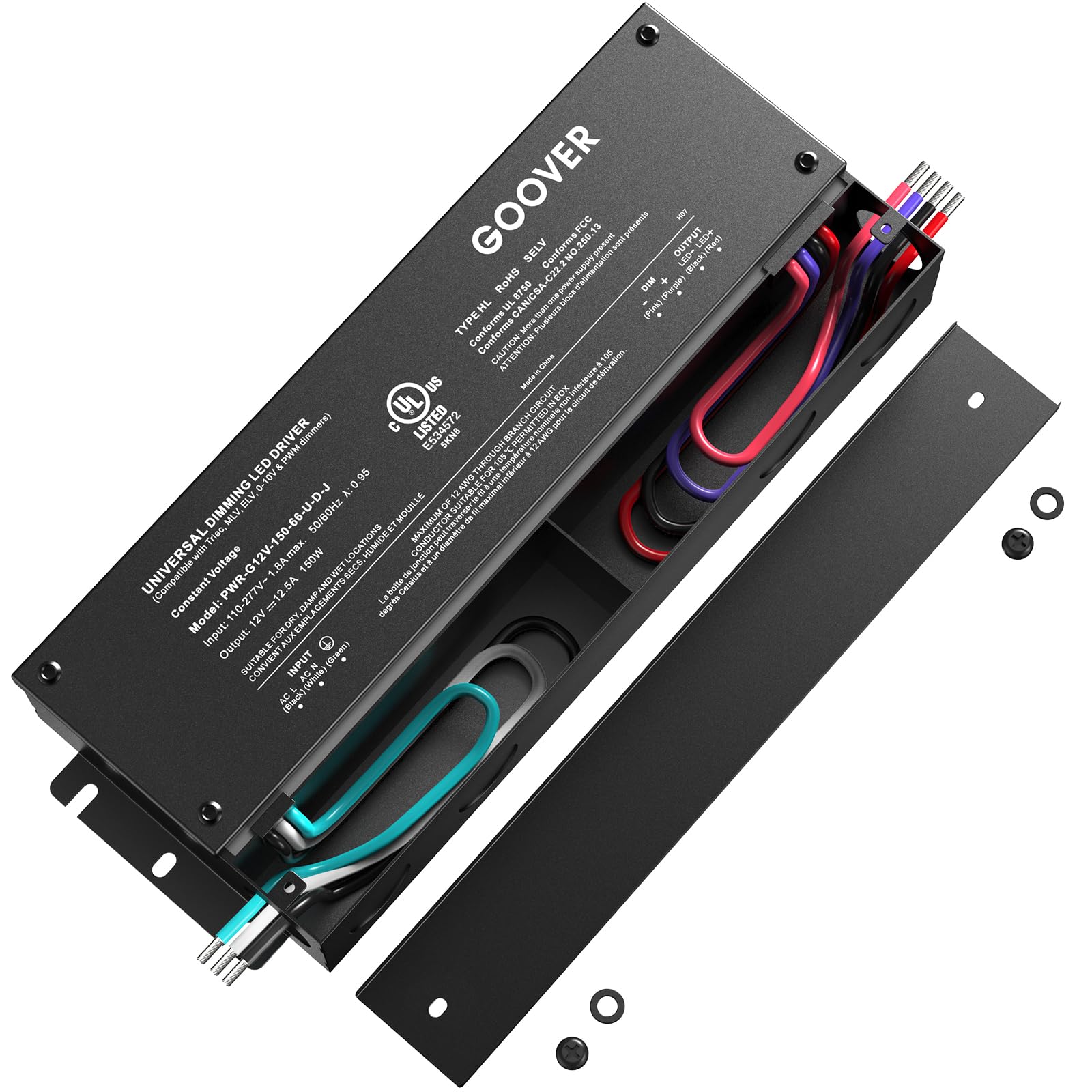 GOOVER150W Dimmable LED Driver, AC 100V-277V to DC 12V Transformer, 5-in-1 Dimming: ELV/MLV/TRIAC / 0-10V / 1-10V / 10V PWM/Potentiometer, Waterproof IP67 and UL Listed