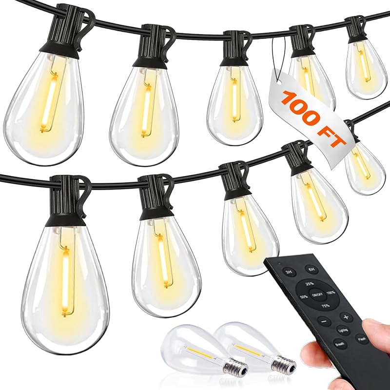 100FT LED Outdoor String Lights with Remote, 35+ 1 Shatterproof Bulbs Waterproof and Dimmable Patio Lights for Porch, Garden, Backyard, Deck, Balcony, Hanging Lighting Decor