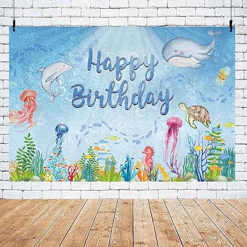 Miniatura 5 de Fondo de cumpleaños con temática oceánica de 7 x 5 pies para niño y niña, bajo el mar, fondo de fotografía de cumpleaños, verano, animales